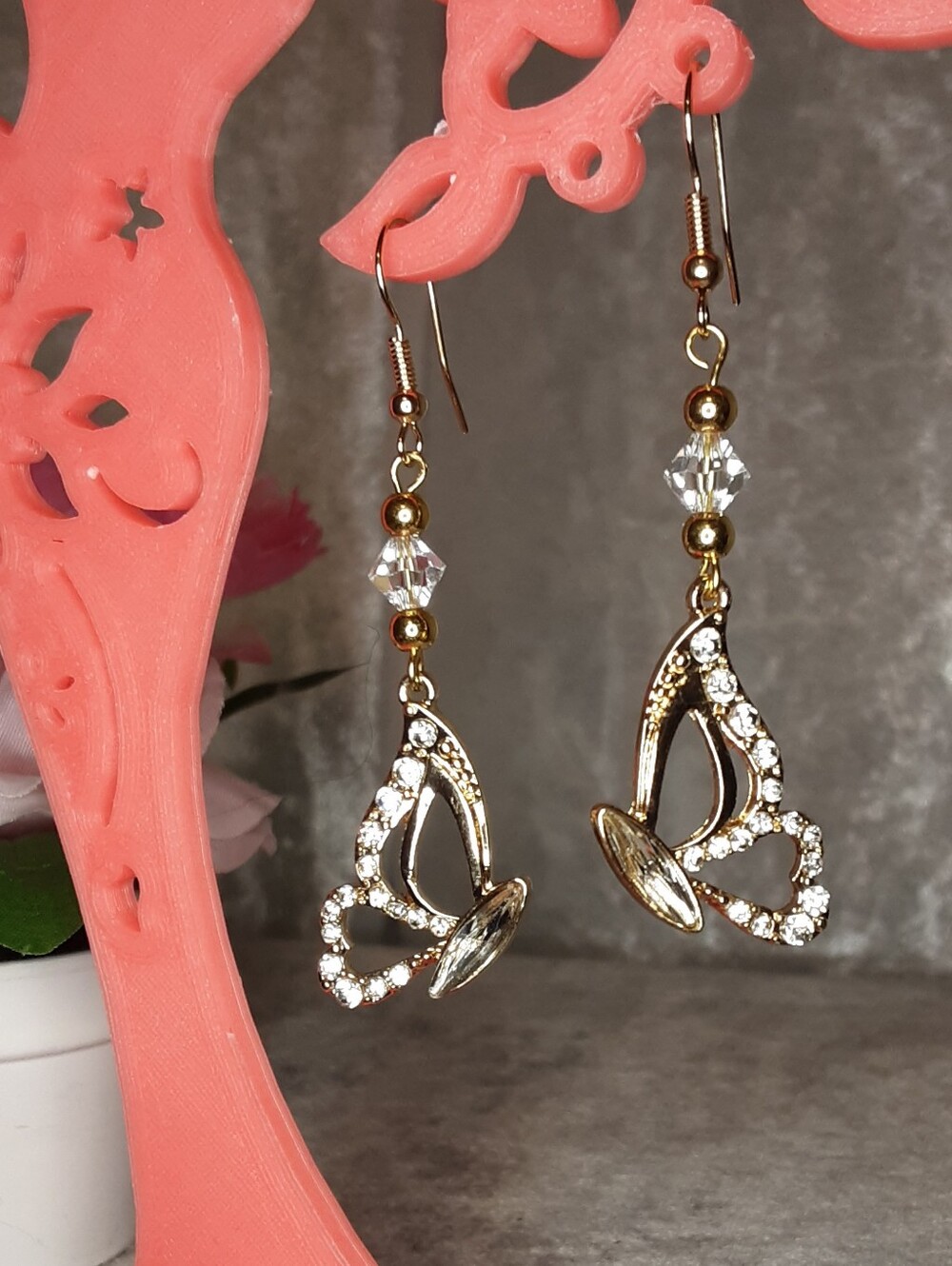 Handmade Crystal Butterfly Drop Earrings - Gold Tone